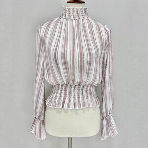 Nylon Apparel Pink White Striped Sheer Smocked Long Sleeve Blouse